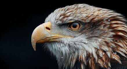 Majestic Eagle Portrait with Sharp Eyes and Detailed Feathers, Isolated on dark Background, Symbol of Strength and Freedom, Copy Space