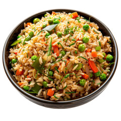 Delicious vegetable fried rice with vibrant green peas, carrots, and fresh herbs, served in dark bowl. This colorful dish is perfect for healthy meal or side