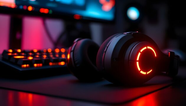 Gaming Setup with Illuminated Headphones and Keyboard in Dark Room