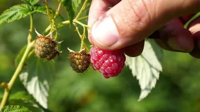 Close up of a hand picking a ripe red raspberry from a branch with green leaves outdoors in daylight