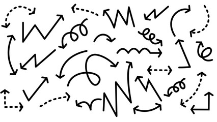 Hand-Drawn Black Arrows on White Background. A seamless pattern of hand-drawn black arrows in various dynamic styles on a clean white background.