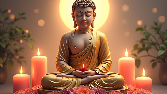 buddha sitting on lotus with candles and flowers