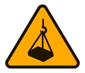 Yellow triangular warning sign indicating an overhead suspended load, enhancing safety awareness and promoting caution in industrial settings like construction sites and warehouses