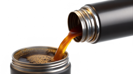 Steaming coffee being poured from a thermos into a cup, isolated on a transparent background, perfect for showcasing the warmth and aroma of a fresh brew