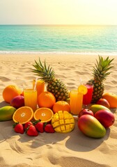 Assorted Tropical Fruits and Juices on Sandy Beach
