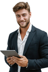 Smiling businessman using tablet: A friendly smiling businessman in a dark suit holds a tablet device, exuding confidence and professionalism.