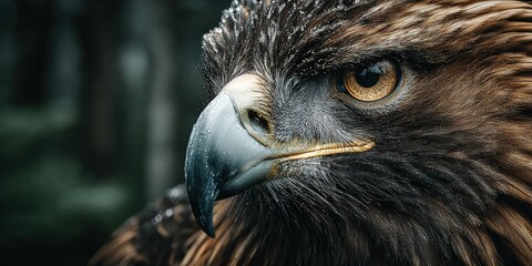 Majestic Eagle Portrait with Sharp Eyes and Detailed Feathers, Isolated on dark Background, Symbol of Strength and Freedom, Copy Space