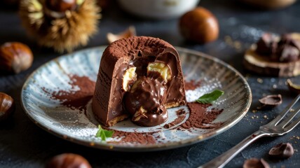 Chocolate soft biscuits with a melted core, cut in half to reveal a stringy chocolate filling mixed with creamy chestnut puree. The dish is decorated with cocoa powder.