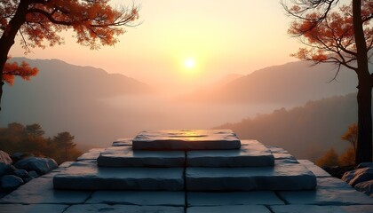 Stone Platform Overlooking Mountainous Landscape at Sunrise with Autumn Foliage