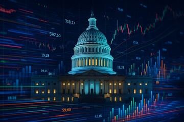 The US Capitol building is depicted with dynamic financial charts and data overlays, symbolizing the intersection of government and economic markets.