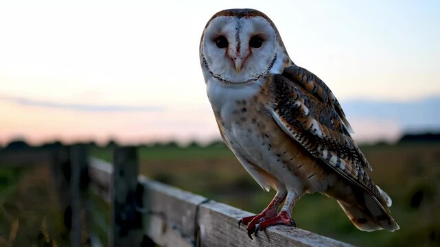 Majestic Barn Owl Perched on Wooden Fence at Sunset, Close-Up View