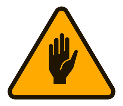 Stop hand signal is depicted inside a yellow triangular warning sign with a black border, representing a clear message to halt or cease any further action