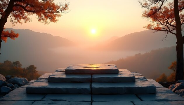 Stone Platform Overlooking Mountainous Landscape at Sunrise with Autumn Foliage