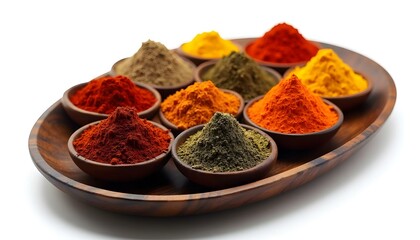 Colorful Ground Spices in Wooden Bowls on a Wooden Tray Isolated