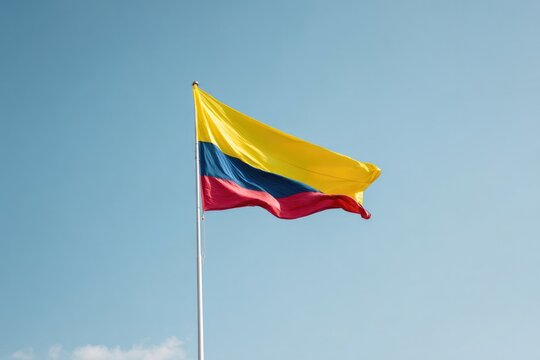 minimalistic colombian flag gently waving against bright blue sky symbolizing independence day wind softly ripples - Powered by Adobe
