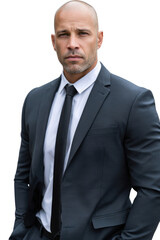 Serious Professional Portrait: A determined individual in a classic suit exuding confidence, projecting an image of professionalism and authority, suitable for a variety of professional contexts.