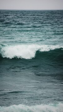 Slow motion close-up of stormy ocean waves crashing, powerful water movement and dramatic weather
