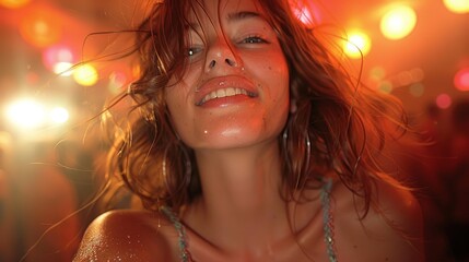 A joyful woman captures a moment of fun and freedom in a lively nightclub, illuminated by vibrant lights that reflect her playful spirit and carefree attitude.
