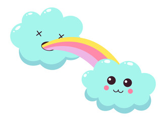 Kawaii illustration featuring two anthropomorphic clouds, one vomiting a rainbow towards the other, conveying a cheerful and whimsical atmosphere