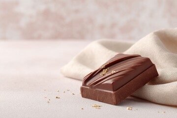 on richly textured canvas swirls of cocoa shades dance around melting bar of chocolate subtly accented with tiny splashes