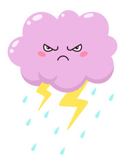 Cartoonish, angry pink cloud raining heavily while throwing bolts of lightning, creating a dynamic and stormy atmosphere filled with energy and emotion