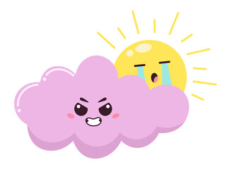 Funny illustration featuring a pink cartoon cloud playfully hiding a crying sun, creating a whimsical scene ideal for children's books, animations, or weather forecasts