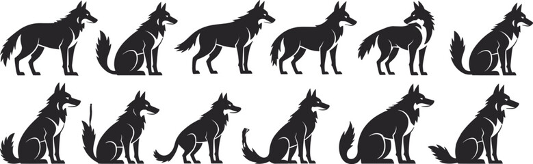 Set of black wolf silhouettes, vector illustrations of wolves in different poses, animal illustrations, wild canines, vector design flat vector illustration