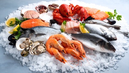 Fresh Seafood Platter with Lobster, Fish, Shrimp, and Oysters on Ice