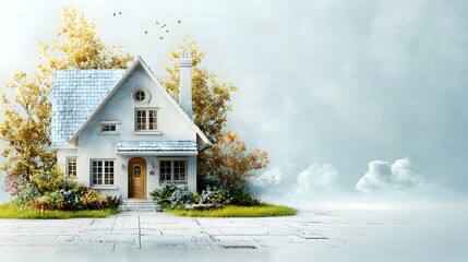 A cozy and quaint cottage style home nestled in a scenic autumn landscape surrounded by vibrant foliage and a serene sky with wispy clouds