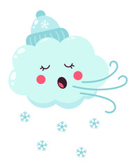 Light blue cartoon cloud wearing a cozy winter hat, featuring a cheerful face, blowing snowflakes and a gentle breeze, creating a whimsical winter atmosphere