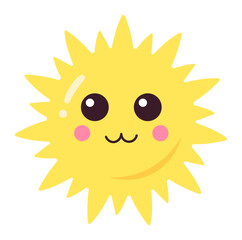 Bright yellow sun character with large eyes, rosy cheeks, and a gentle smile radiating warmth and joy against a clean white background, embodying cheerful energy and playful innocence
