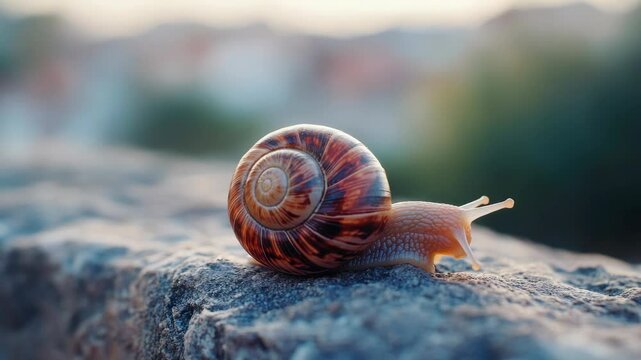 Tiny snail with golden spiral shell resting on stone surface.