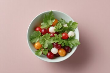 top-down view of bright colorful children meal presented on clean solid pastel background 70 ample copy space for text