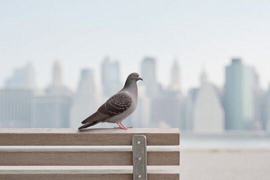 urban pigeon perches on empty bench against blurred cityscape skyline