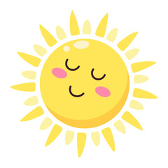Cartoon illustration of a kawaii sun character with closed eyes, rosy cheeks and a gentle smile, evoking feelings of warmth, happiness, and summer vibes