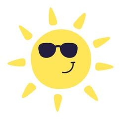 Cartoon sun with sunglasses is smiling, bringing joy and warmth to the summer holidays, evoking feelings of happiness and relaxation under the bright sunshine