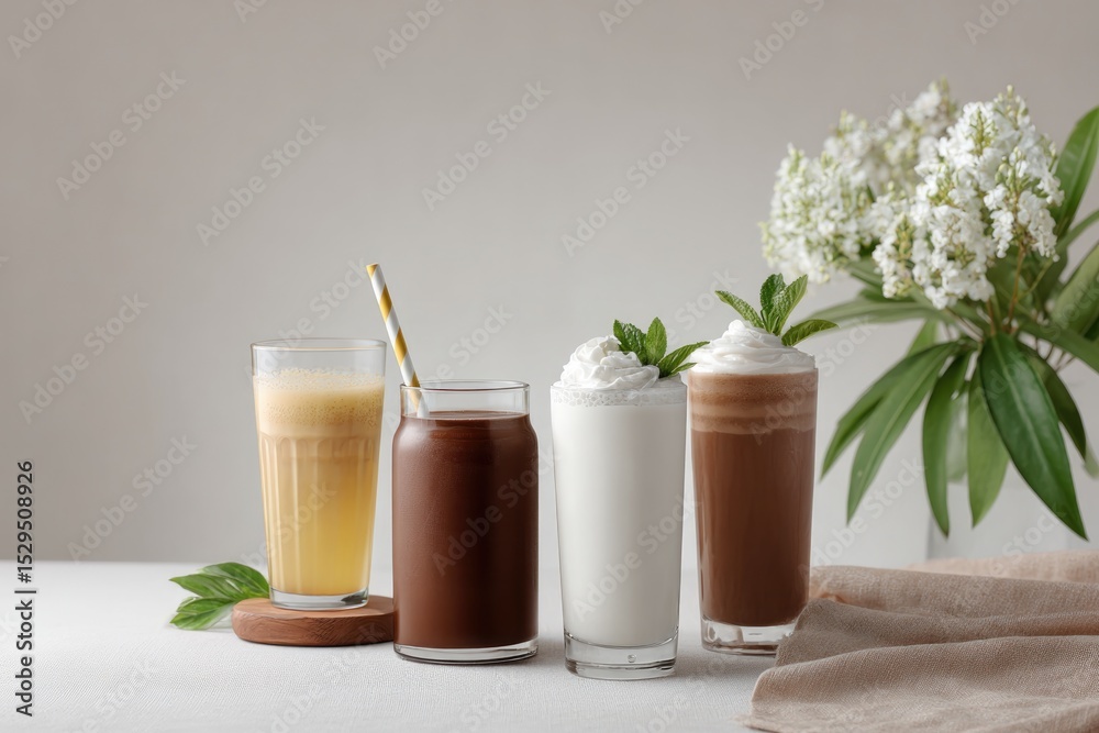 Poster clean minimalistic image showcasing diverse array of beverages on isolated white background
