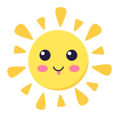 Cartoon representation of sun with big eyes and pink cheeks, sticking its tongue out in a playful and cheerful way, isolated on white background