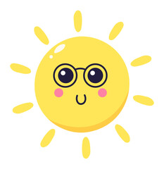 Cartoon sun wearing round eyeglasses beams joyfully while shining brightly, spreading warmth and cheer on a delightful summer day filled with sunshine and happiness