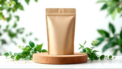 Elegant Gold Pouch Mockup on a Cork Stand Surrounded by Greenery
