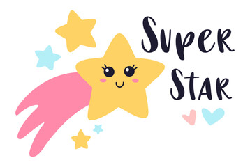 Yellow shooting star with kawaii face flying and leaving pink trail, surrounded by small stars and hearts, with the text super star next to it, on white background