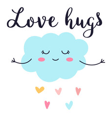Kawaii smiling cloud with closed eyes and outstretched arms offers love and hugs while raining colorful hearts, radiating affection, warmth, and joy in a playful, cheerful manner