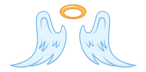 Cartoon drawing of two light blue angel wings and a golden halo floating on a white background, representing purity, innocence, and spiritual ascension
