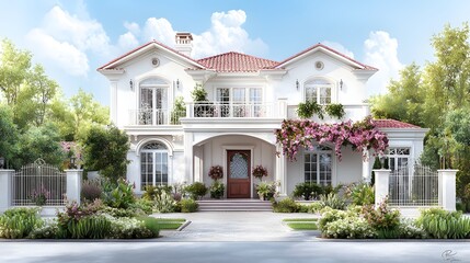 Sprawling two story Mediterranean style mansion surrounded by a well manicured garden featuring ornate architectural details wrought iron gates and a welcoming entryway