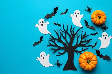 Fototapeta premium Spooky halloween decorations featuring pumpkins ghosts bats and a black tree on blue