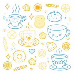 Hand-Drawn Cartoon Tea Set – Cute Vector Teapots, Cups, Leaves & Herbs EPS Art