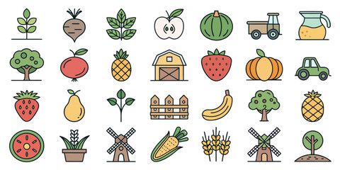  Farm Produce Vector Icon Set — Adjustable Line Style Agricultural Icons