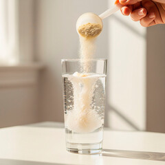 Warm, close-up view of whey protein powder being poured from a scoop into a tall glass of sparkling water. The water is crystal clear, and the room is filled with soft, natural light.