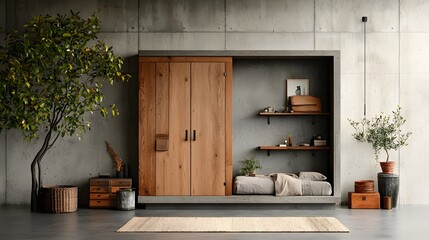 Cozy and modern minimalist home interior with natural wood elements plants and textured decor creating a serene and inviting atmosphere