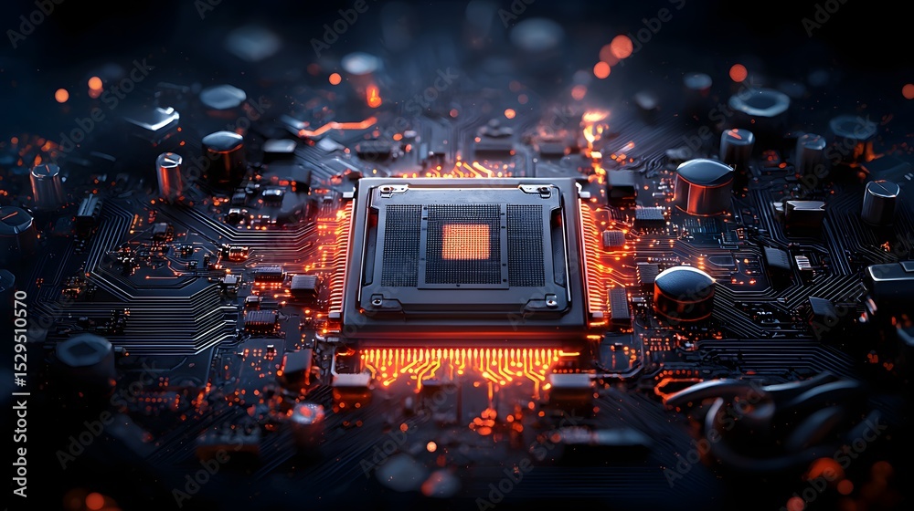 Poster detailed close up view of a complex circuit board illuminated by glowing microchips and electronic c